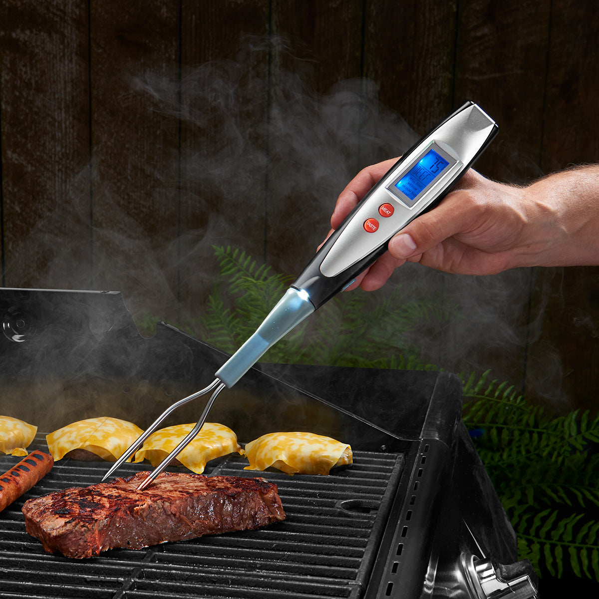 Stainless Steel BBQ Fork With Digital Thermometer And Grill Probe | Temsk