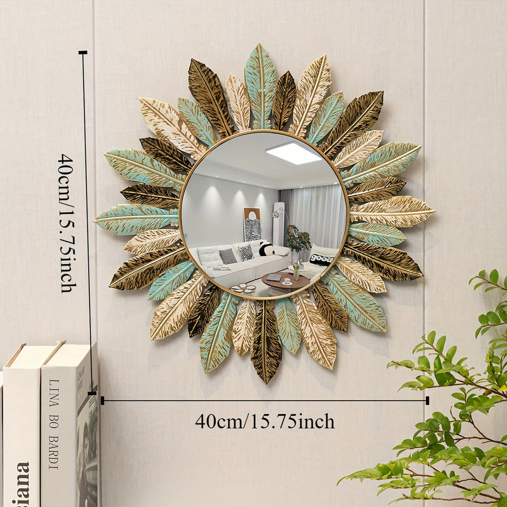 Sonnenstrahl Boho-Wandspiegel mit türkisfarbenen und goldenen Blättern | Temsk