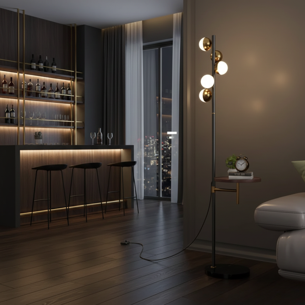 Moderní stojací lampa se zabudovaným stolkem pro obývací pokoj | Temsk