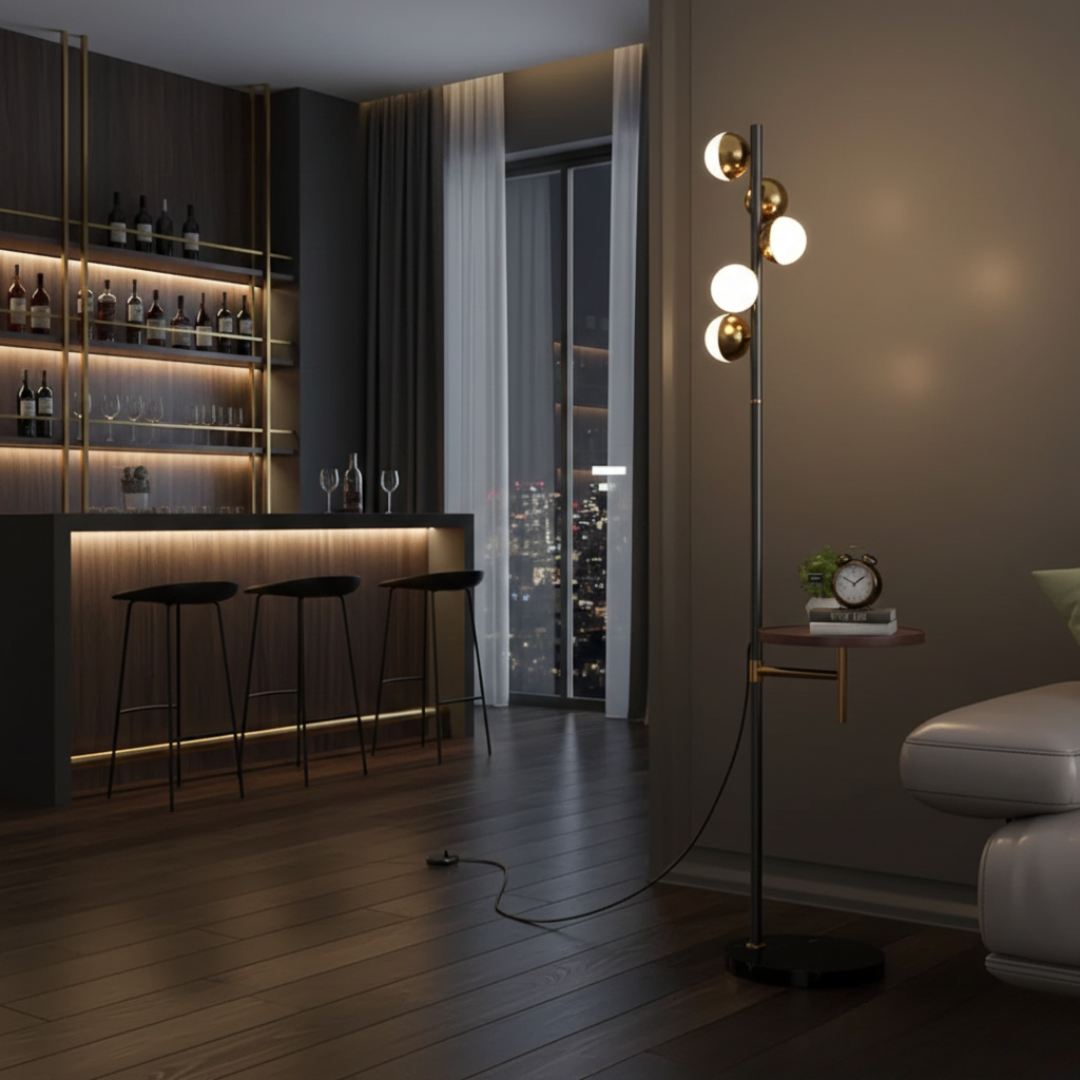 Moderní stojací lampa se zabudovaným stolkem pro obývací pokoj | Temsk