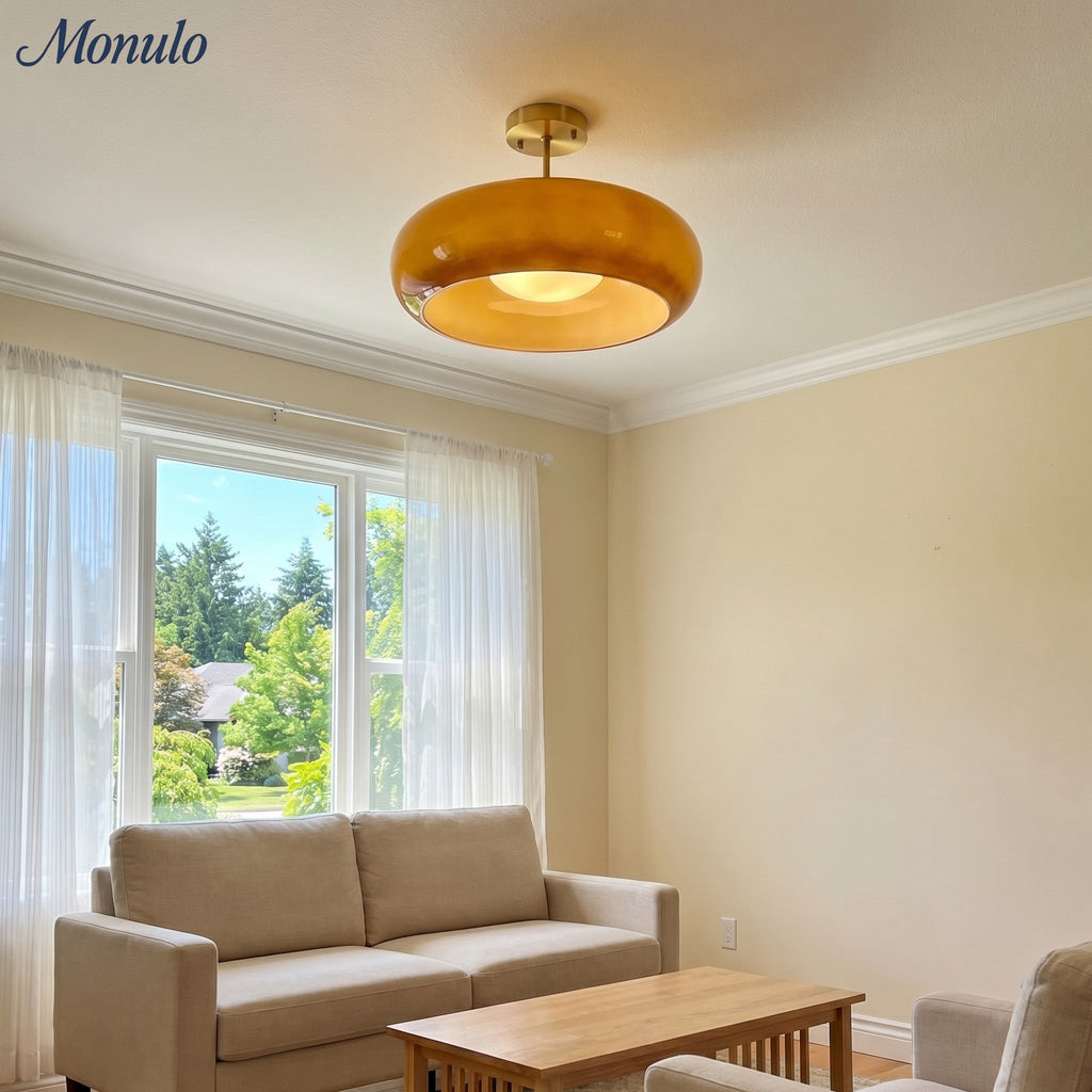 Bauhaus Glass Disk Ceiling Light In Brass Or Chrome Finish, Orange-Yellow Or White Glass | Temsk