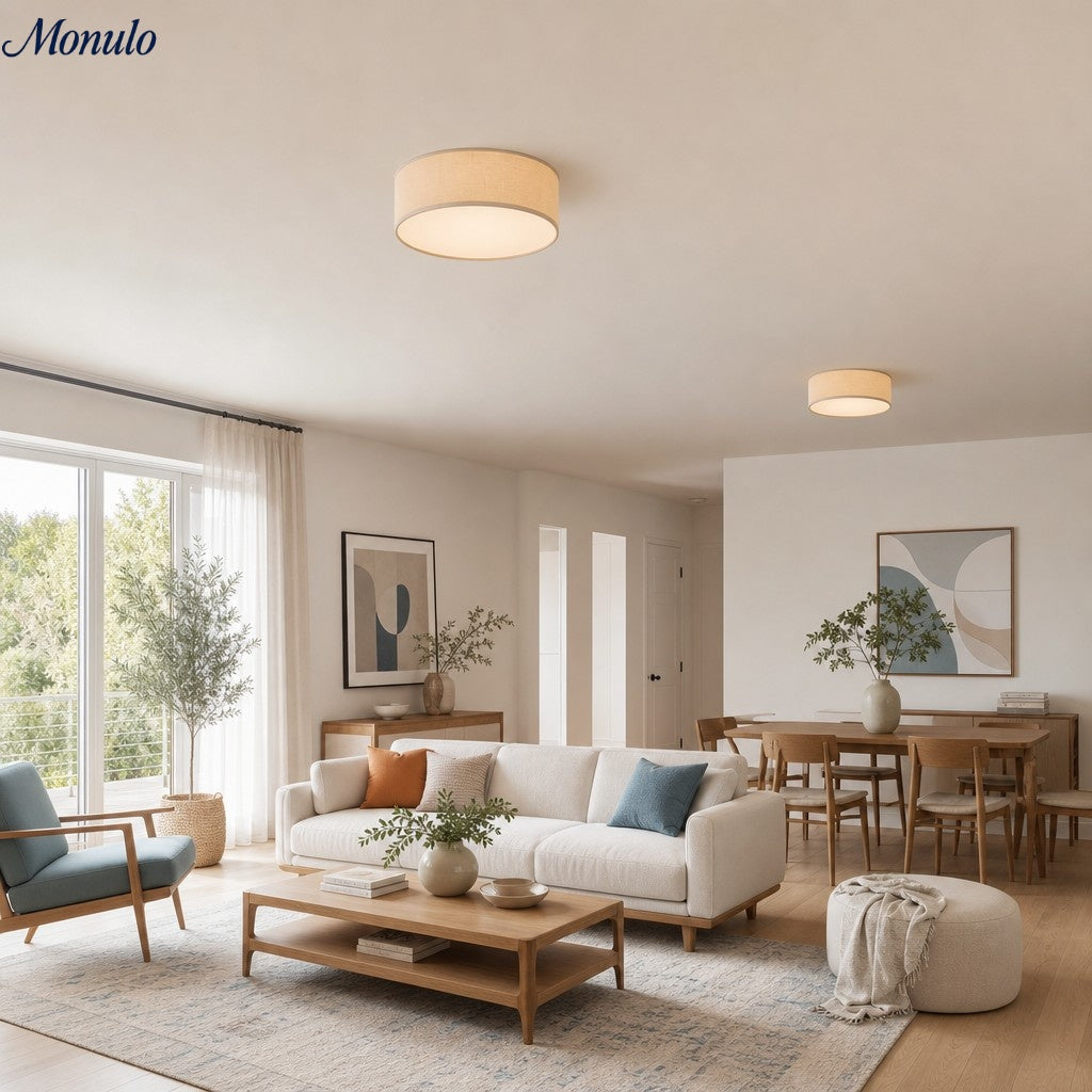 Linen Shade Drum Ceiling Light, Diameter 30/45 Cm, Scandinavian Modern Living Room Lamp | Temsk