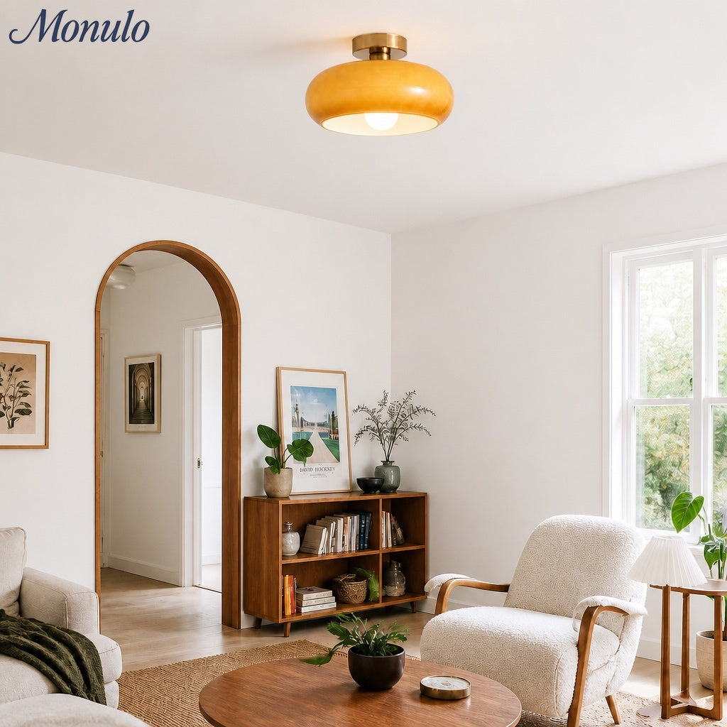 Bauhaus Glass Disk Ceiling Light In Brass Or Chrome Finish, Orange-Yellow Or White Glass | Temsk