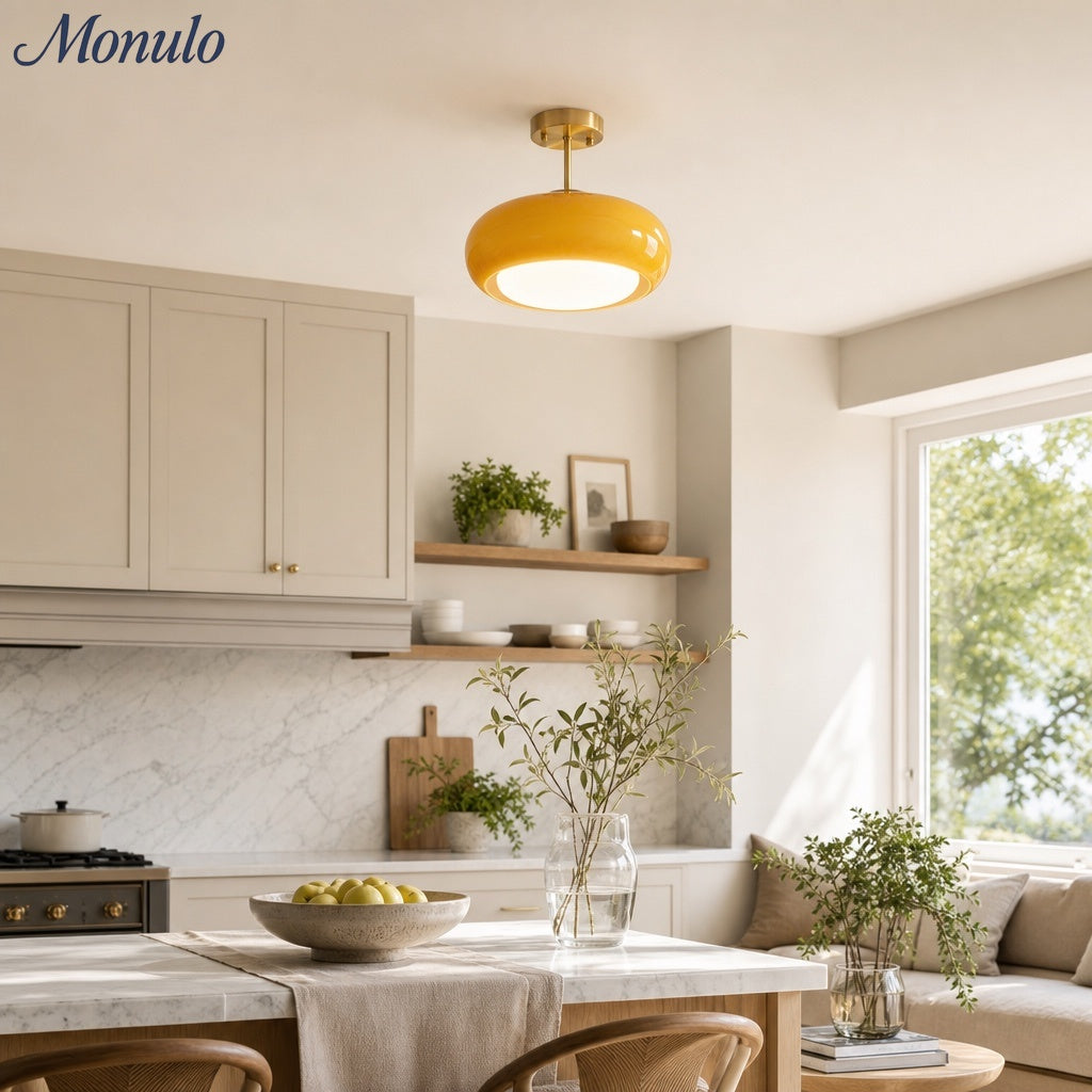 Bauhaus Glass Disk Ceiling Light In Brass Or Chrome Finish, Orange-Yellow Or White Glass | Temsk