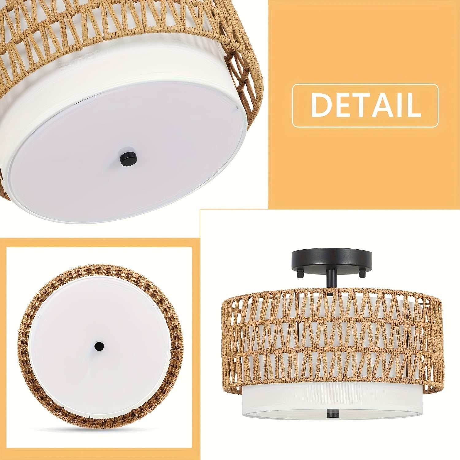 Boho Rattan-Deckenleuchte mit Leinen-Schirm, halb eingelassen | Temsk
