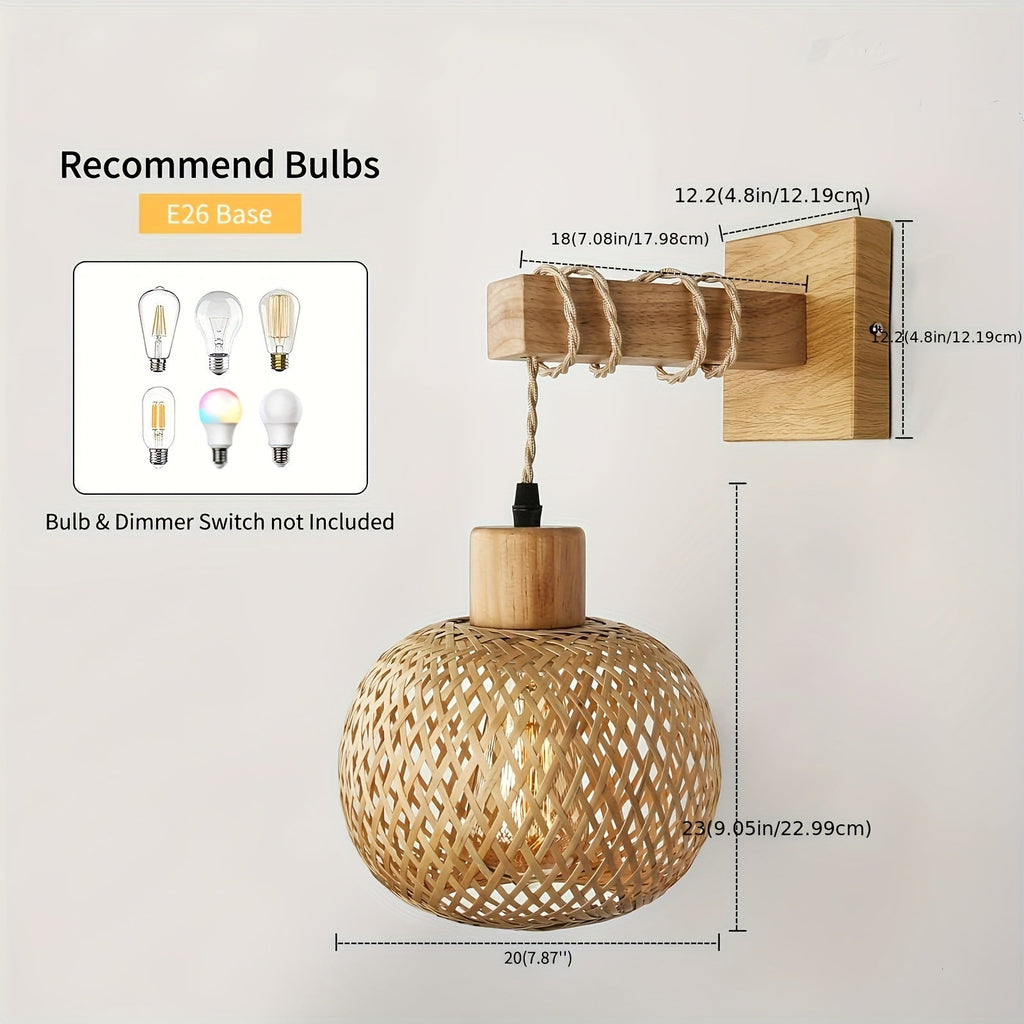 Rustikale handgewebte Rattan- und Holz-Wandlampe | Temsk