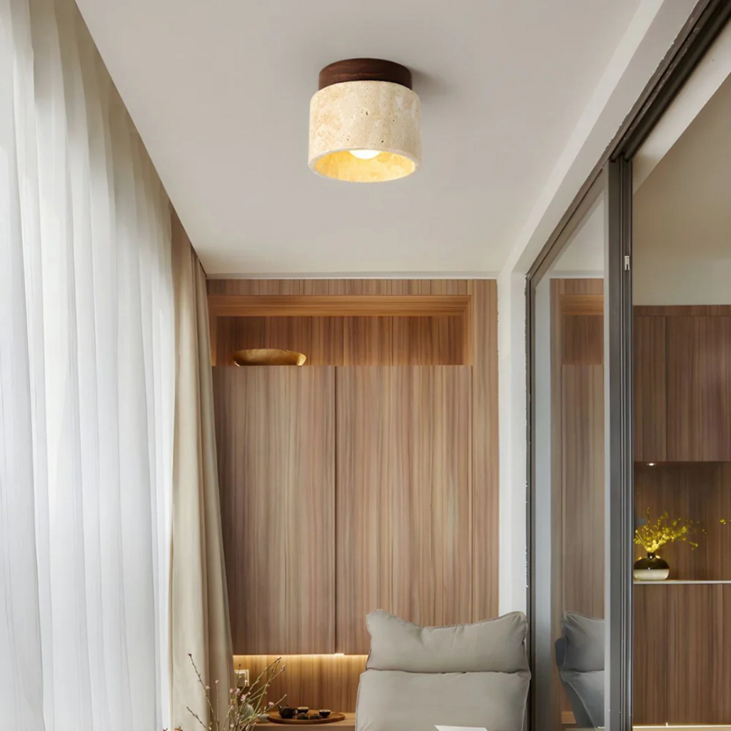 Travertine Cylinder Ceiling Light With Wood Accent E27 12cm | Temsk