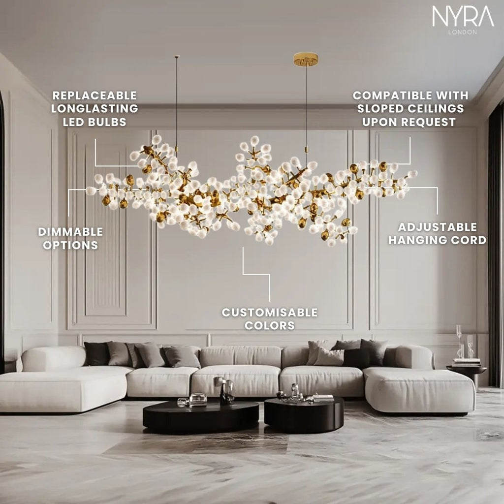 Sylvara Vine Chandelier in French Gold and Raw Copper with White Glass Clusters | Temsk