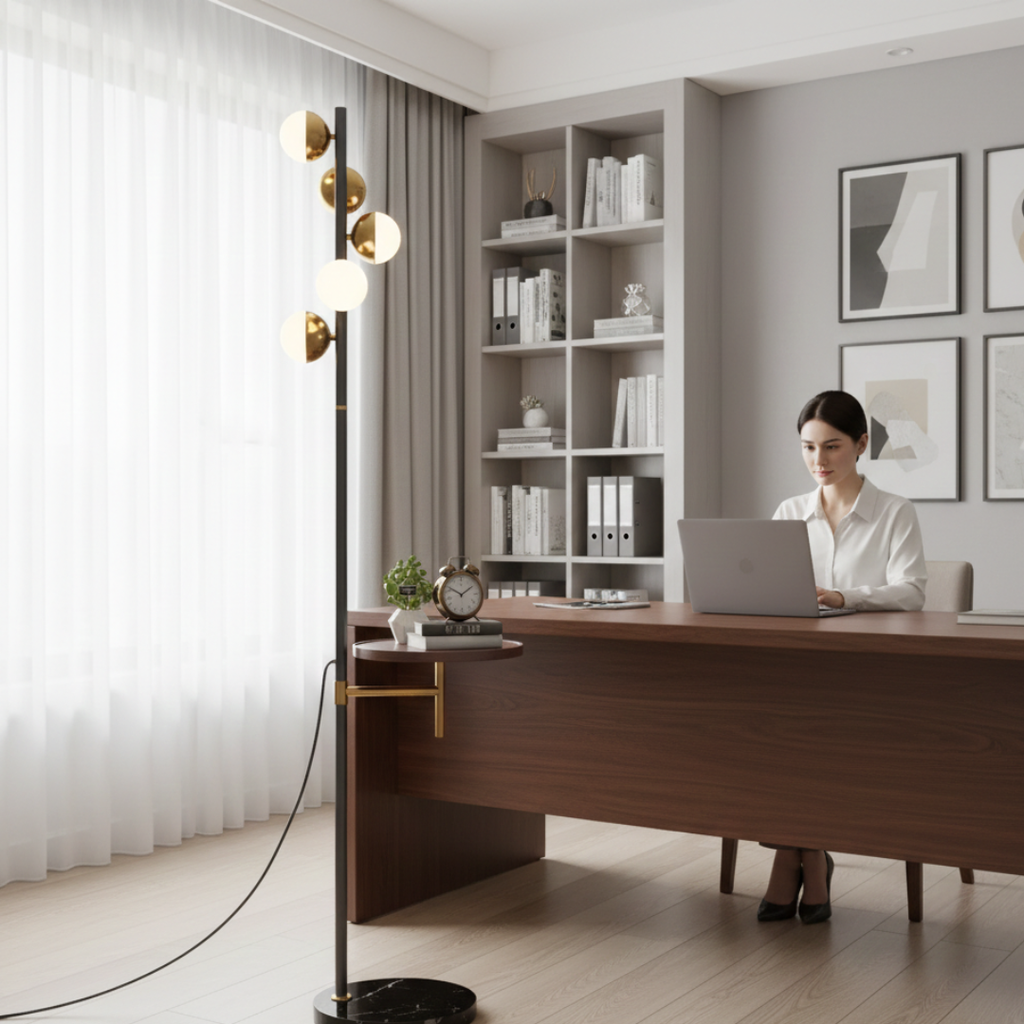 Moderní stojací lampa se zabudovaným stolkem pro obývací pokoj | Temsk