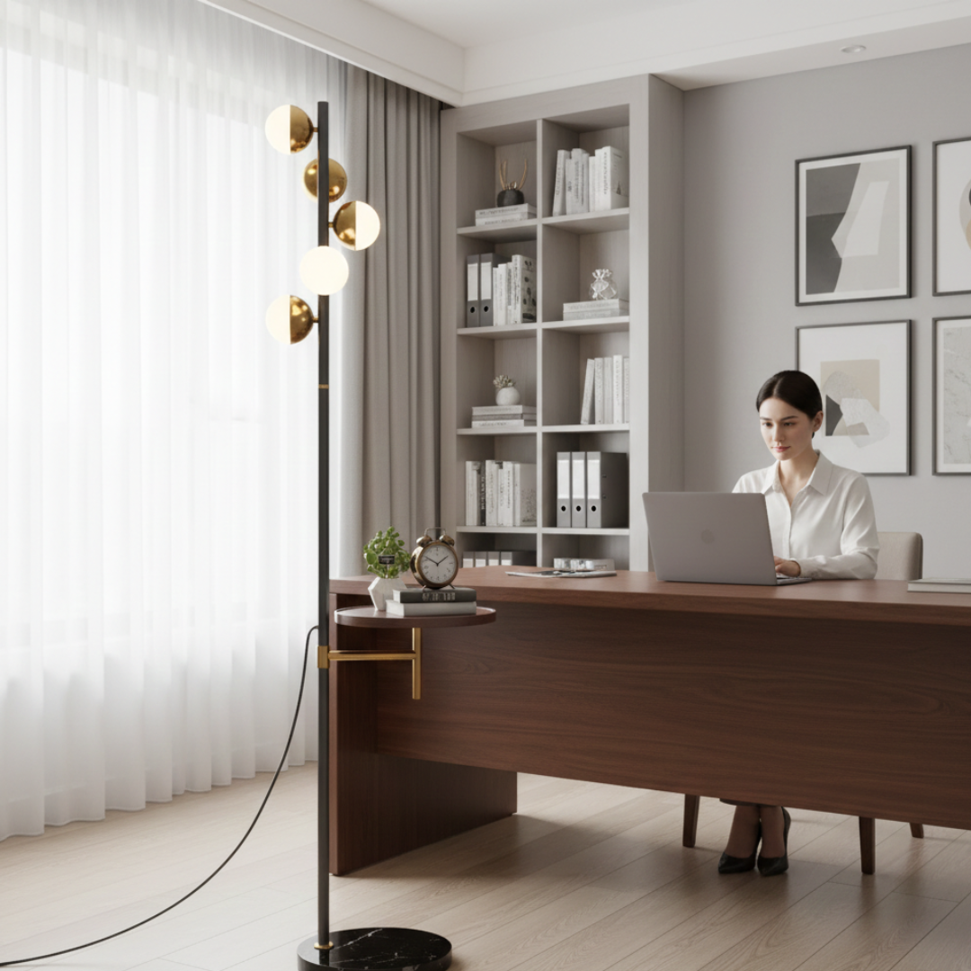 Moderní stojací lampa se zabudovaným stolkem pro obývací pokoj | Temsk