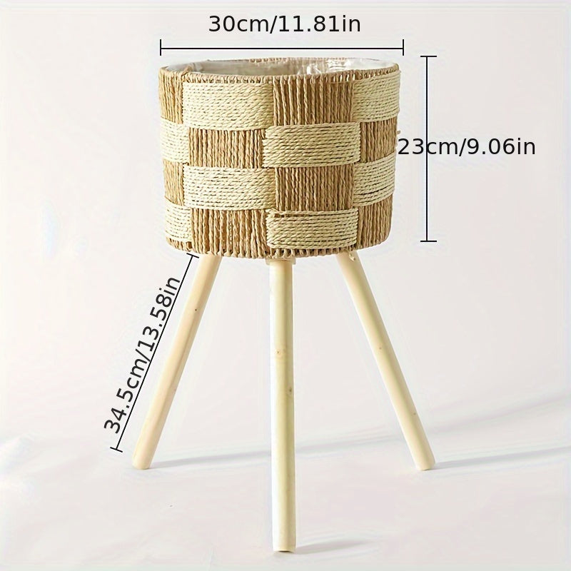 Boho Bambus geflochtener Pflanzenständer mit Holzbeinen für Innenraumdekoration | Temsk
