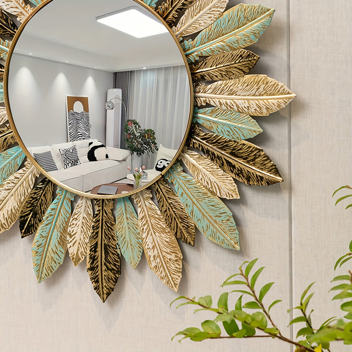 Sonnenstrahl Boho-Wandspiegel mit türkisfarbenen und goldenen Blättern | Temsk