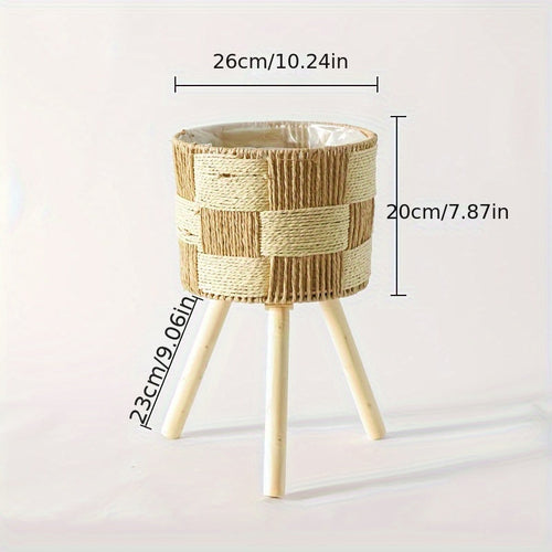 Boho Bamboo Woven Plant Stand With Wooden Legs For Indoor Decor Temsk