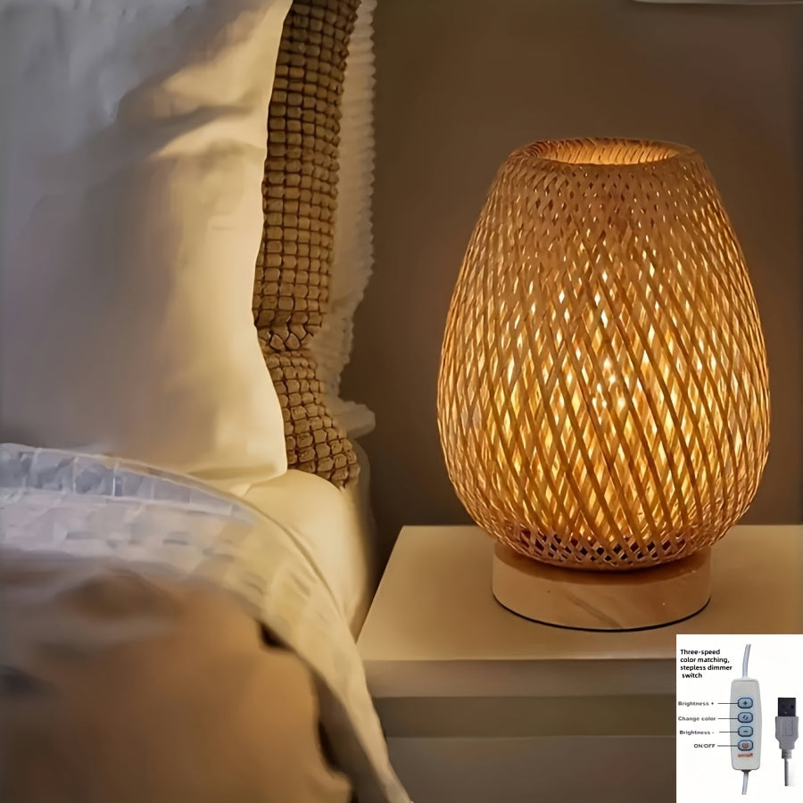 Bambus-gewebte Nachttischlampe mit dimmbarer USB-Tischleuchte | Temsk