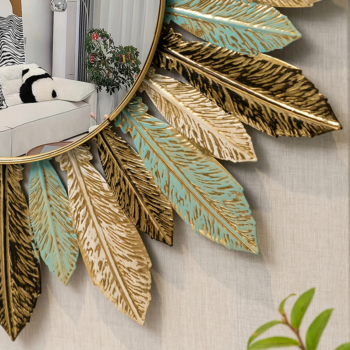 Sonnenstrahl Boho-Wandspiegel mit türkisfarbenen und goldenen Blättern | Temsk