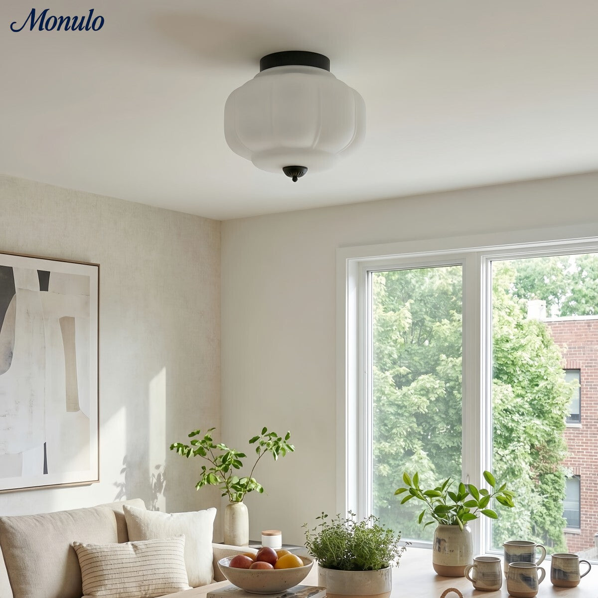 Milk Glass Ceiling Light With Glass Shade, Modern Flush Mount, Scandinavian Style | Temsk