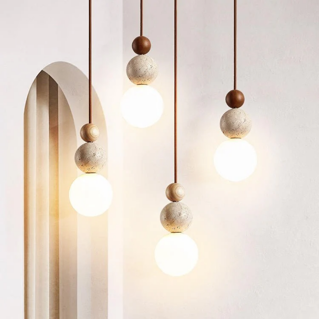 Cleonice Pendelleuchte aus Travertin, Holz und Glas | Temsk
