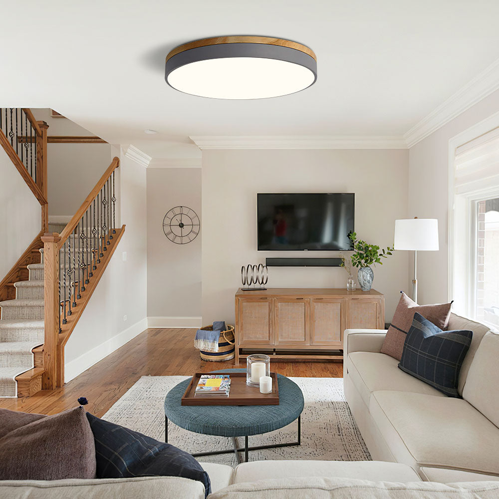 Round Wooden LED Ceiling Light With Acrylic, Dimmable Warm Glow, Scandinavian Style | Temsk