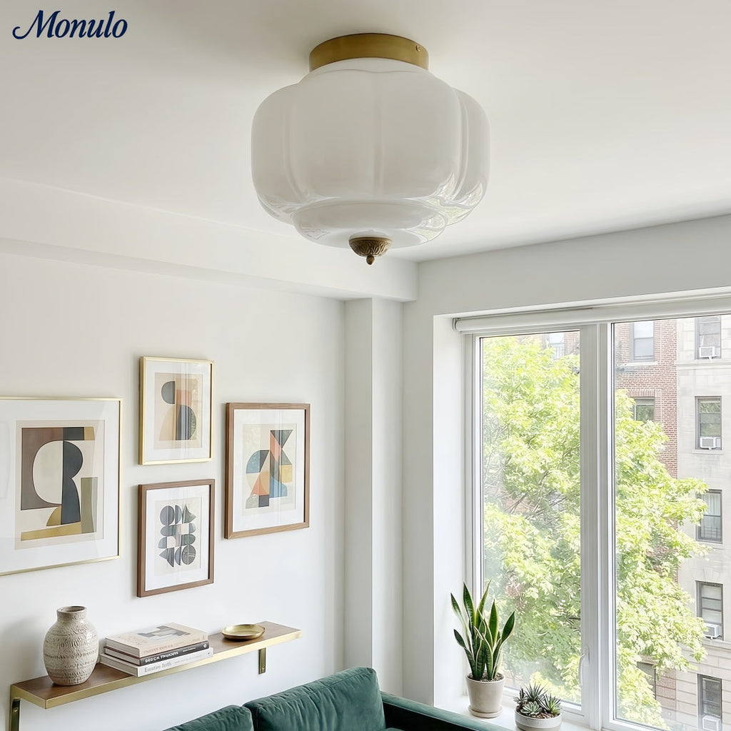 Milk Glass Ceiling Light With Glass Shade, Modern Flush Mount, Scandinavian Style | Temsk