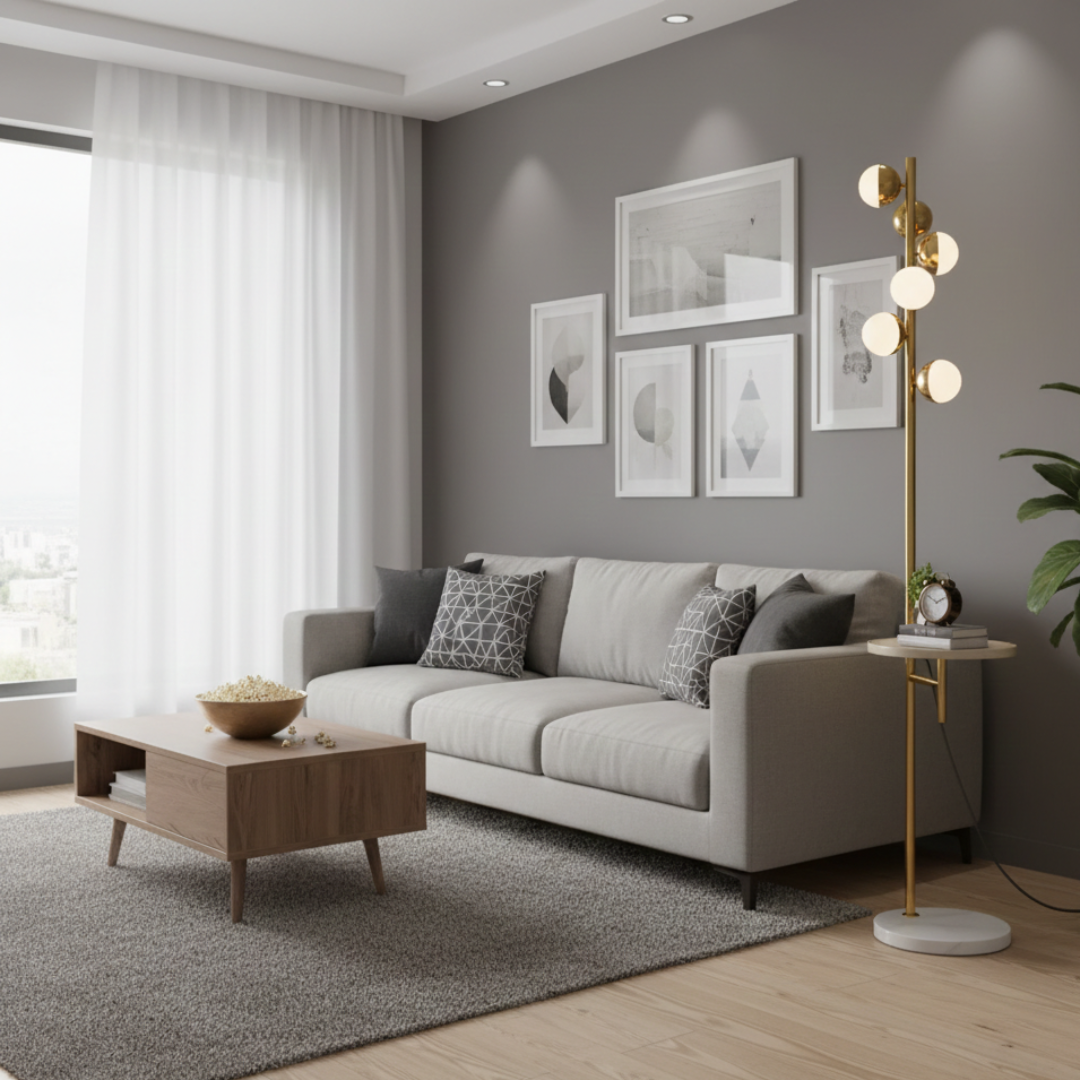 Moderní stojací lampa se zabudovaným stolkem pro obývací pokoj | Temsk