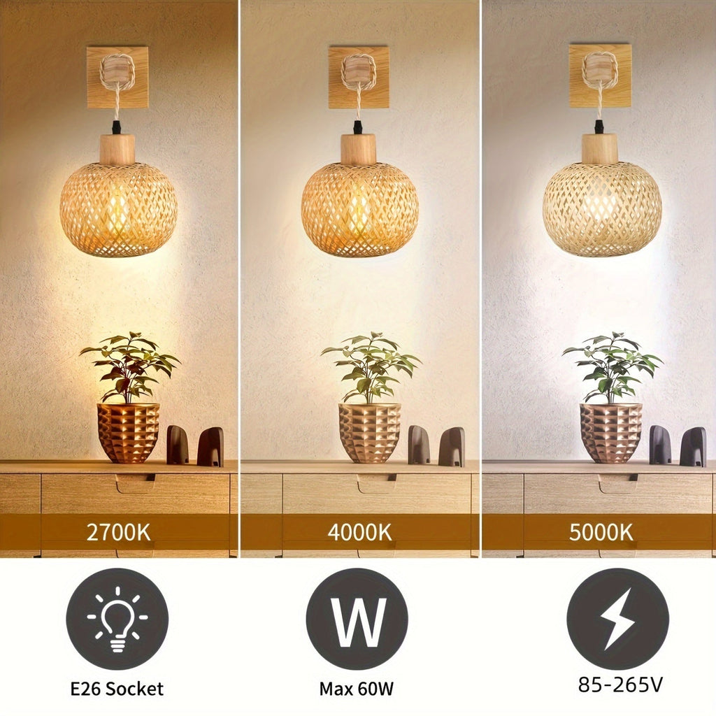 Rustikale handgewebte Rattan- und Holz-Wandlampe | Temsk