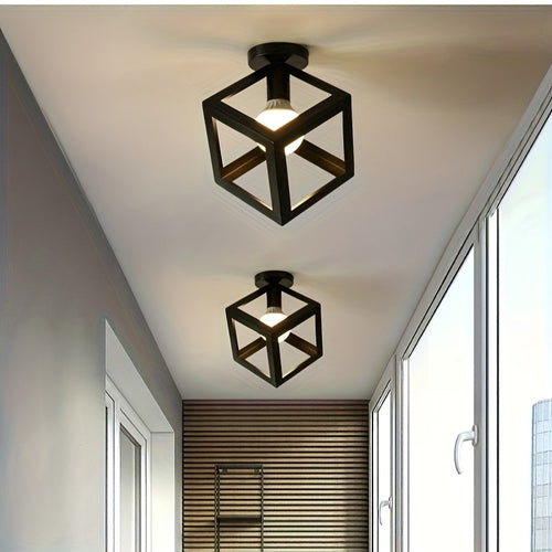 Geometric Cube Ceiling Light In Matte Black, Modern Industrial Semi-Flush Mount Temsk