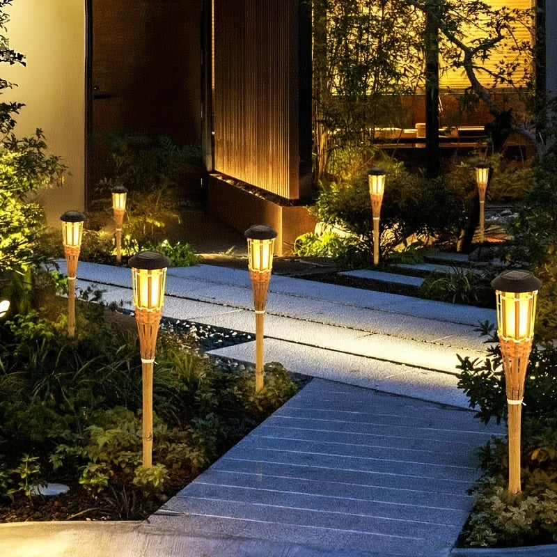 2-Pack Solar Bamboo Flame Lights With 12 LEDs, Outdoor Garden Lanterns | Temsk