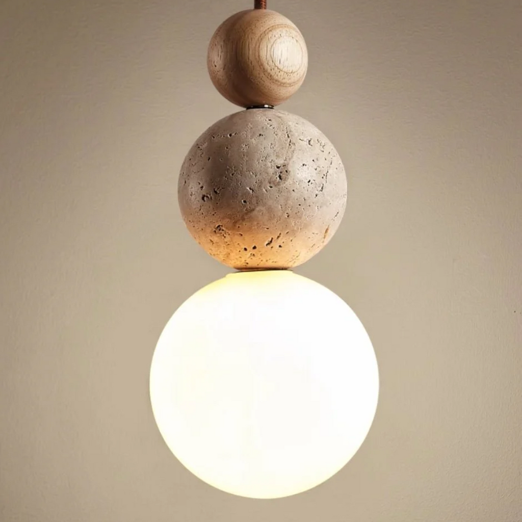Cleonice Pendelleuchte aus Travertin, Holz und Glas | Temsk