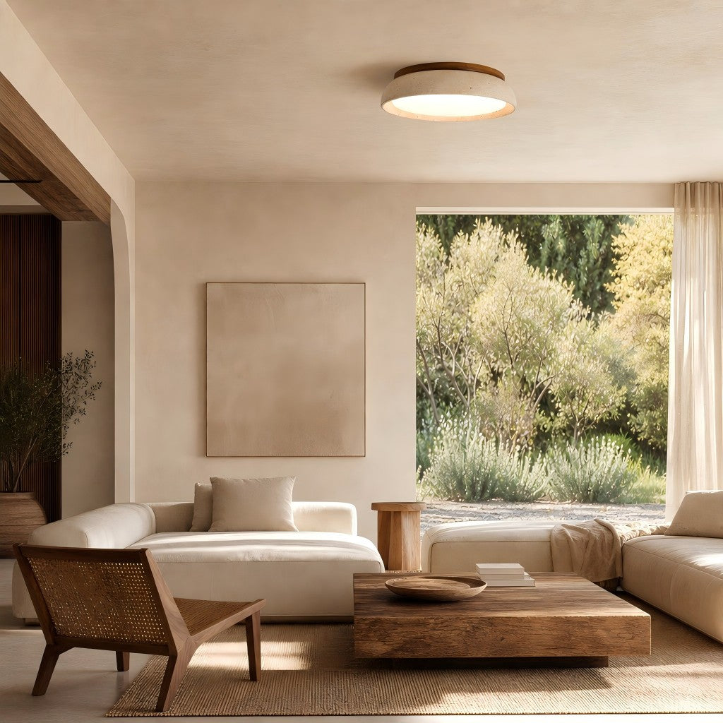 Beige Travertine Ceiling Lamp Sculpture, Natural Stone, Scandinavian Warm Glow, 30cm 43cm | Temsk