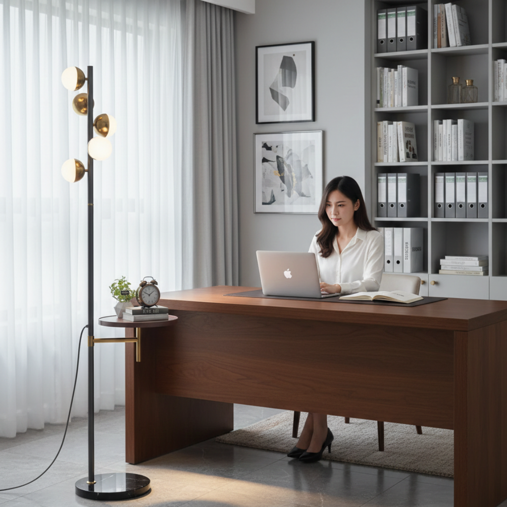 Moderní stojací lampa se zabudovaným stolkem pro obývací pokoj | Temsk