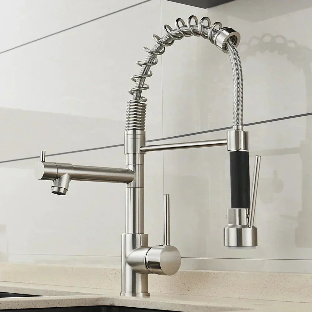 AeroFlow Modern Double Spout Kitchen Tap With Black And Gold Finish | Temsk