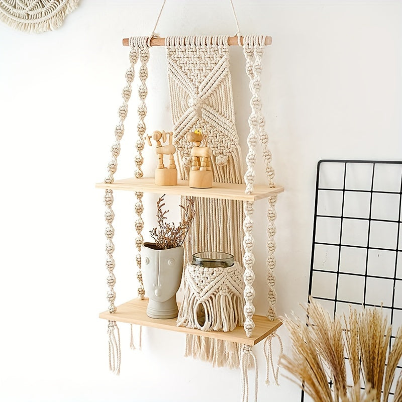 Boho Makramee-Wandregal mit zweistufigem Aufbewahrungsfach | Temsk