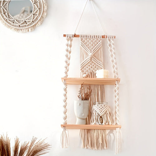 Boho Macrame Wall Shelf With Two-Tier Storage Rack Temsk