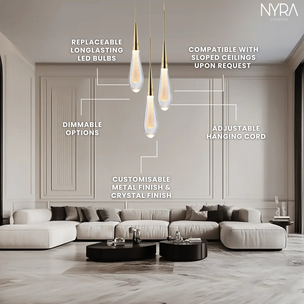 Auric Golden Droplet Pendant Lights with Crystal Finish | Temsk