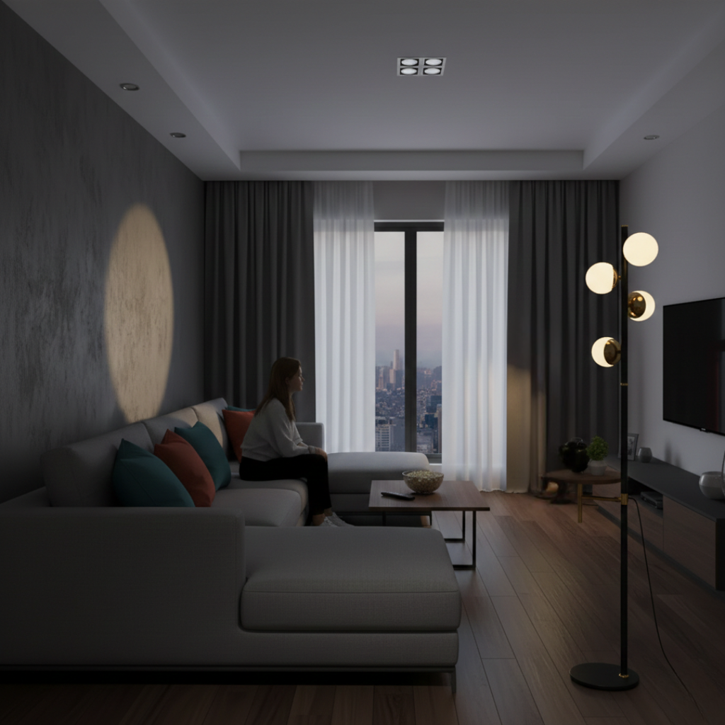 Moderní stojací lampa se zabudovaným stolkem pro obývací pokoj | Temsk