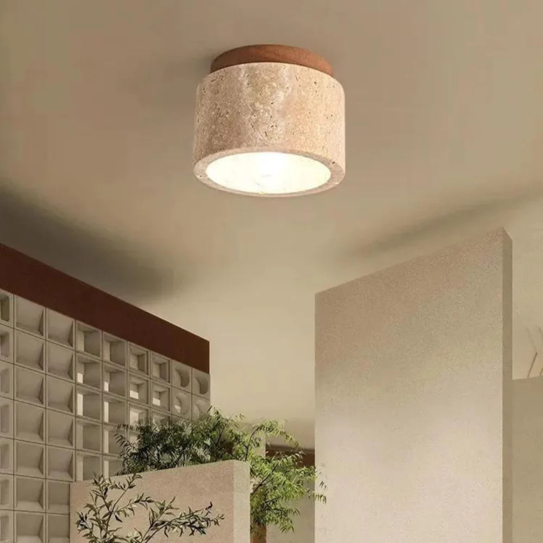 Travertine Cylinder Ceiling Light With Wood Accent E27 12cm | Temsk
