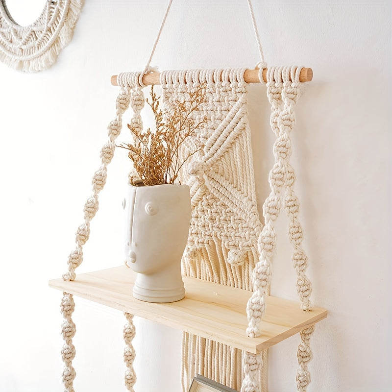 Boho Makramee-Wandregal mit zweistufigem Aufbewahrungsfach | Temsk