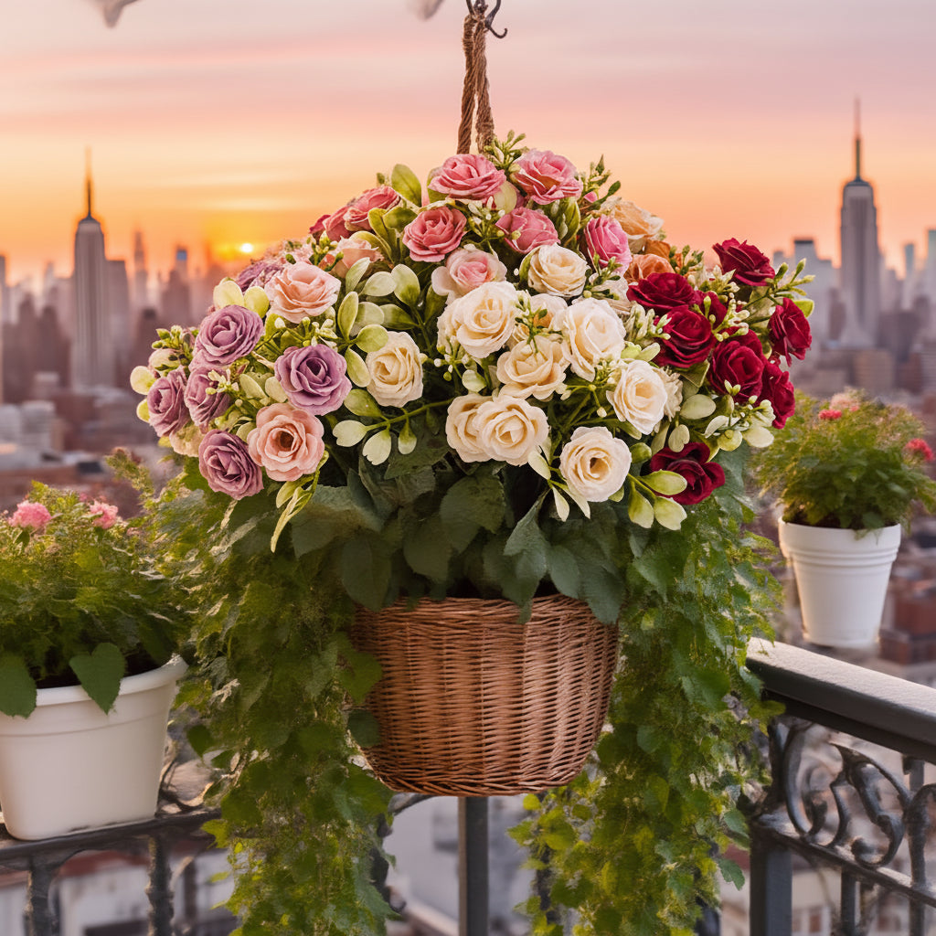 Mother's Day Hanging Rose Basket With Artificial Flowers For Patio Decor | Temsk