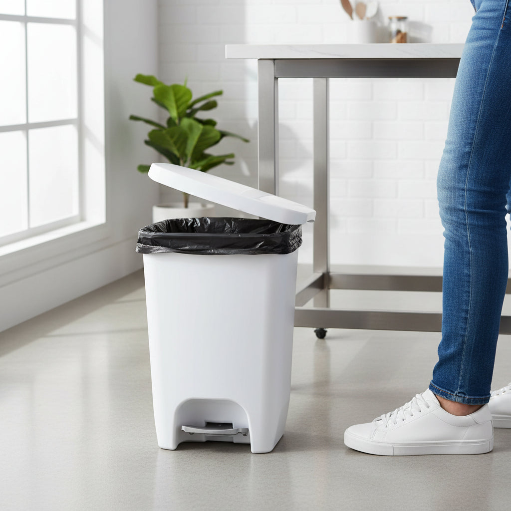White 13-Gallon Trash Can With Step Pedal And Odor Protection | Temsk