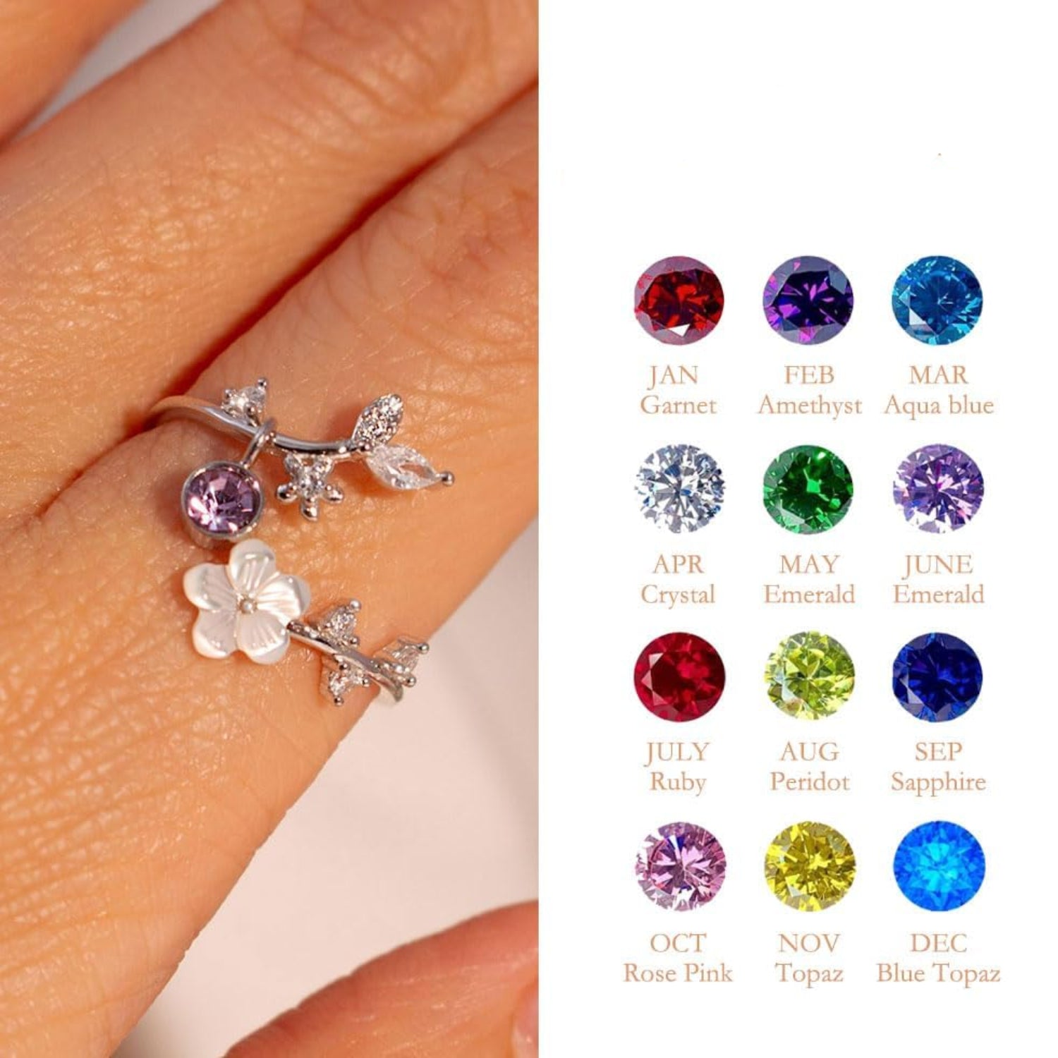 Adjustable Birthstone Flower Ring With Cubic Zirconia Mothers Day Gift | Temsk