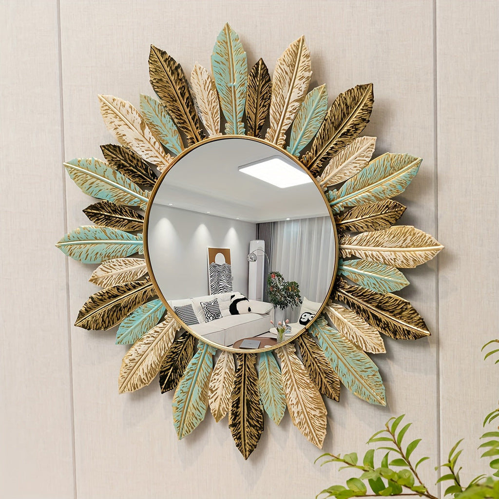 Sonnenstrahl Boho-Wandspiegel mit türkisfarbenen und goldenen Blättern | Temsk