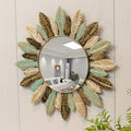 Sonnenstrahl Boho-Wandspiegel mit türkisfarbenen und goldenen Blättern | Temsk