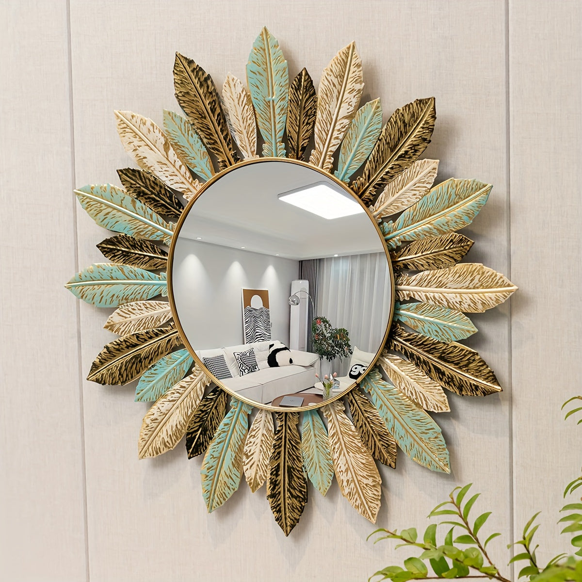Sonnenstrahl Boho-Wandspiegel mit türkisfarbenen und goldenen Blättern | Temsk