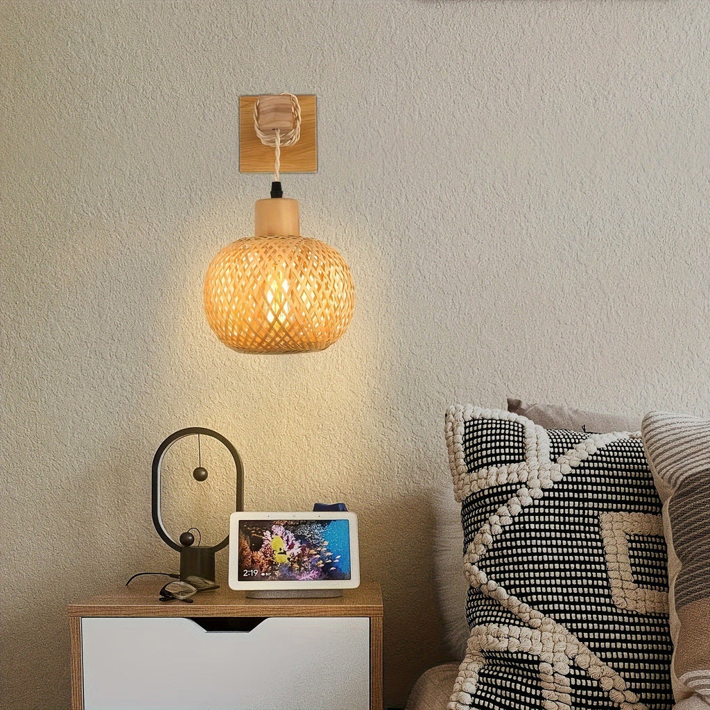 Rustikale handgewebte Rattan- und Holz-Wandlampe | Temsk