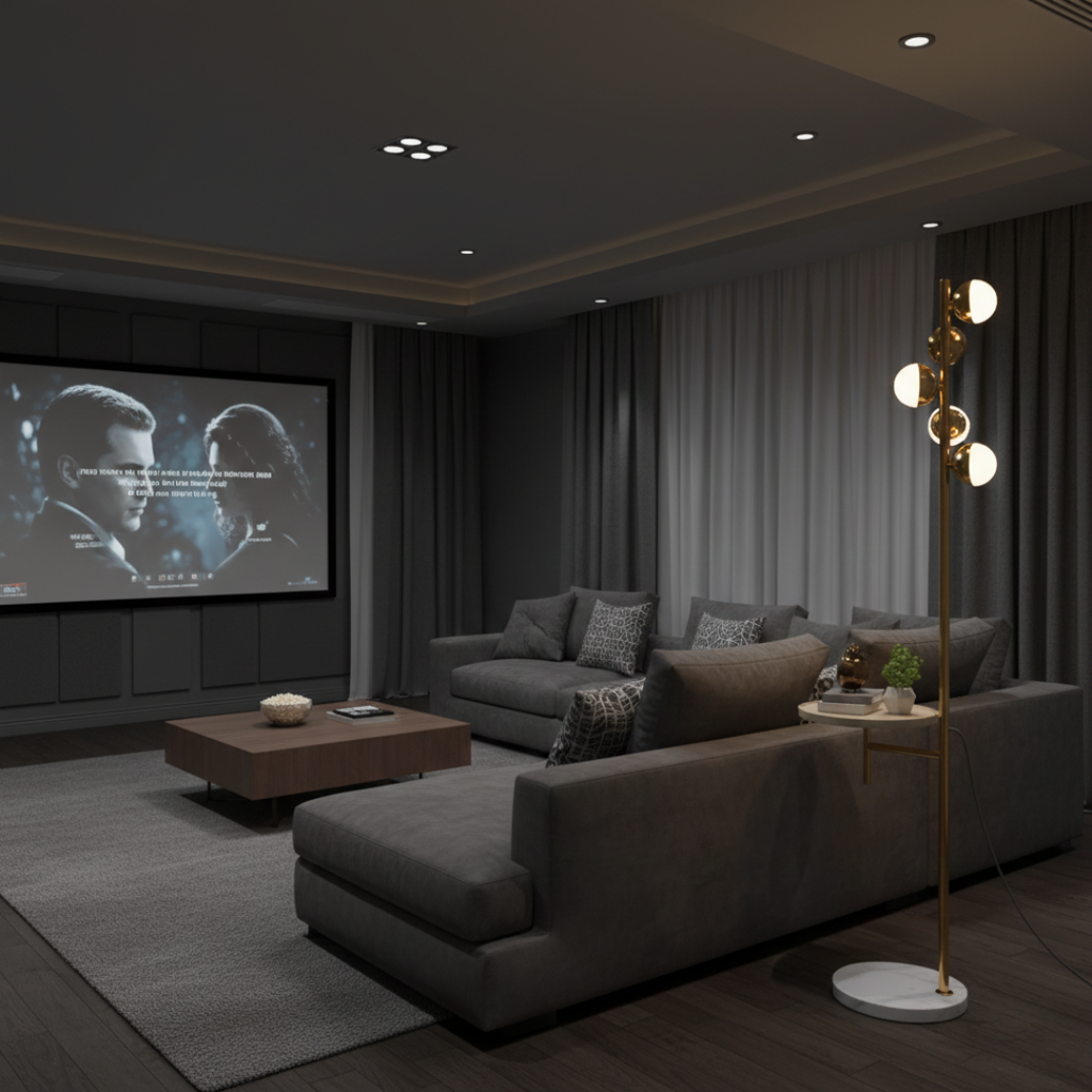 Moderní stojací lampa se zabudovaným stolkem pro obývací pokoj | Temsk