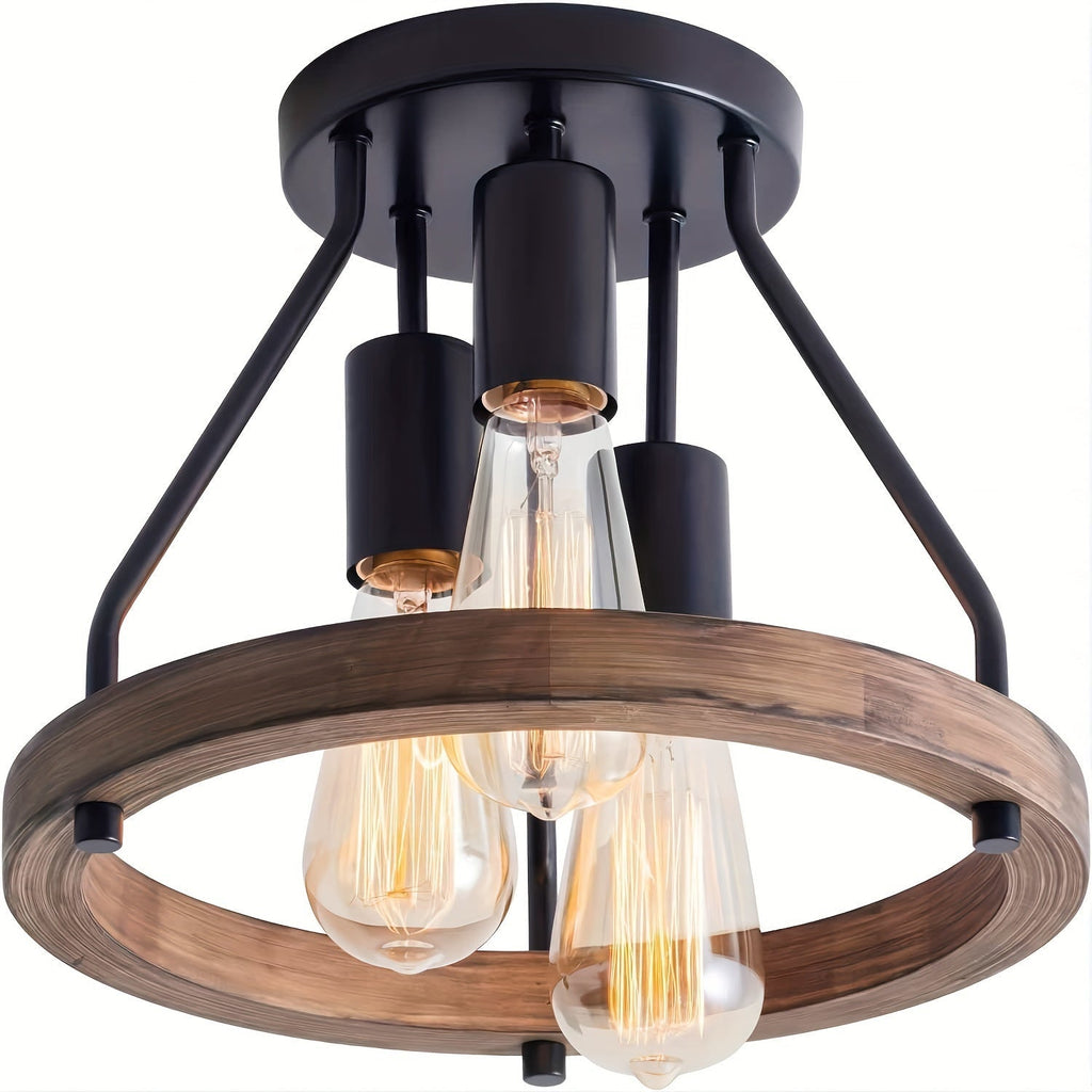 Industrielle Deckenleuchte mit Holzring, Drei-Licht-Leuchte | Temsk
