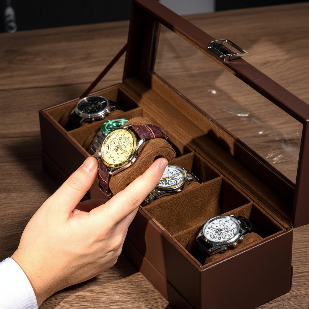 Two-Tier Watch Organizer Box With Drawer, 6 Slots, Glass Lid | Temsk