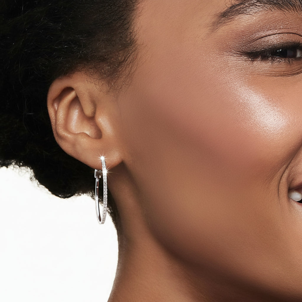 Sterling Silver Diamond Hoop Earrings In Oval Shape | Temsk