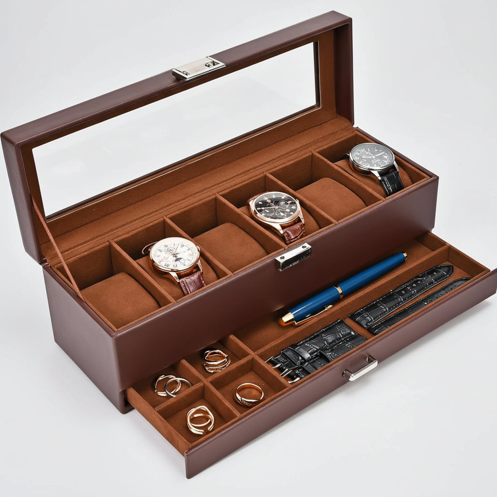 Two-Tier Watch Organizer Box With Drawer, 6 Slots, Glass Lid | Temsk