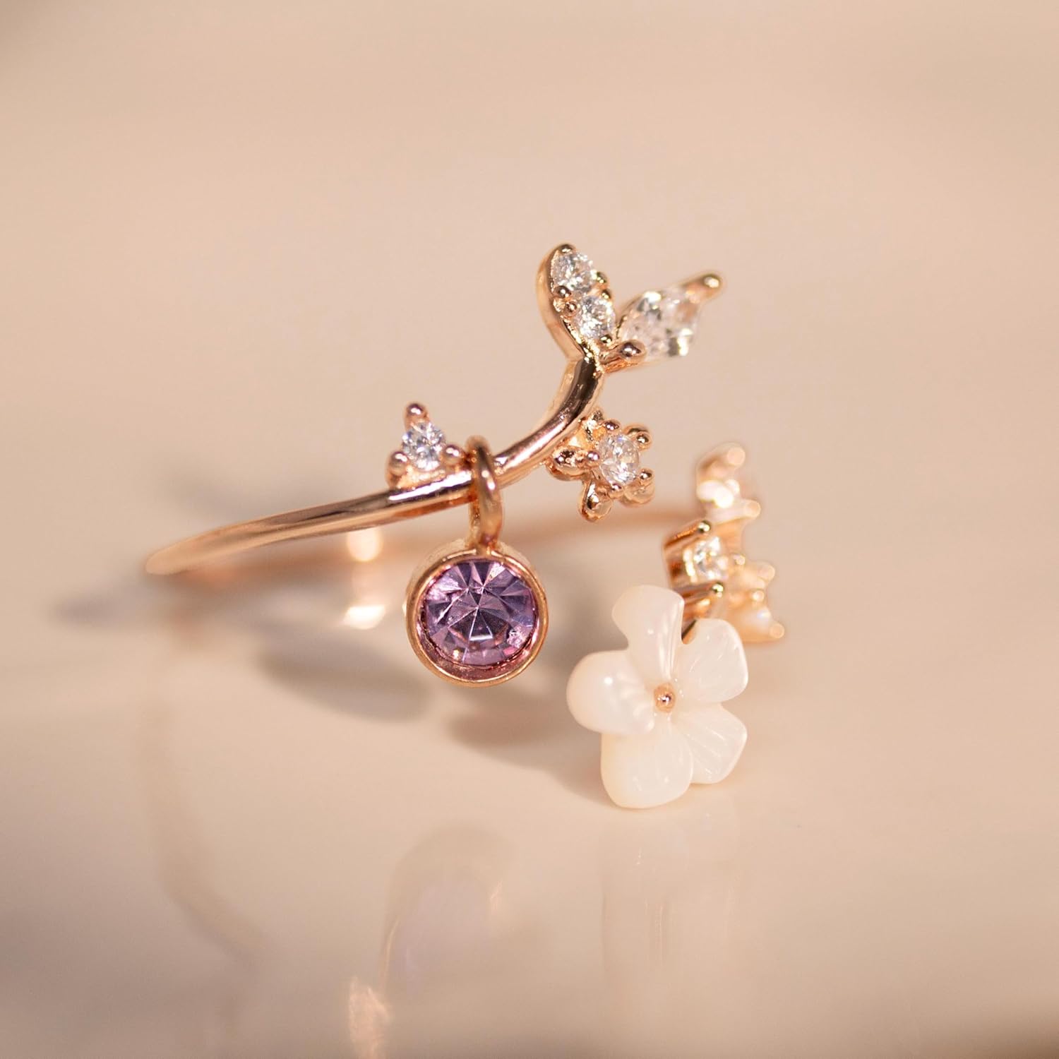 Adjustable Birthstone Flower Ring With Cubic Zirconia Mothers Day Gift | Temsk